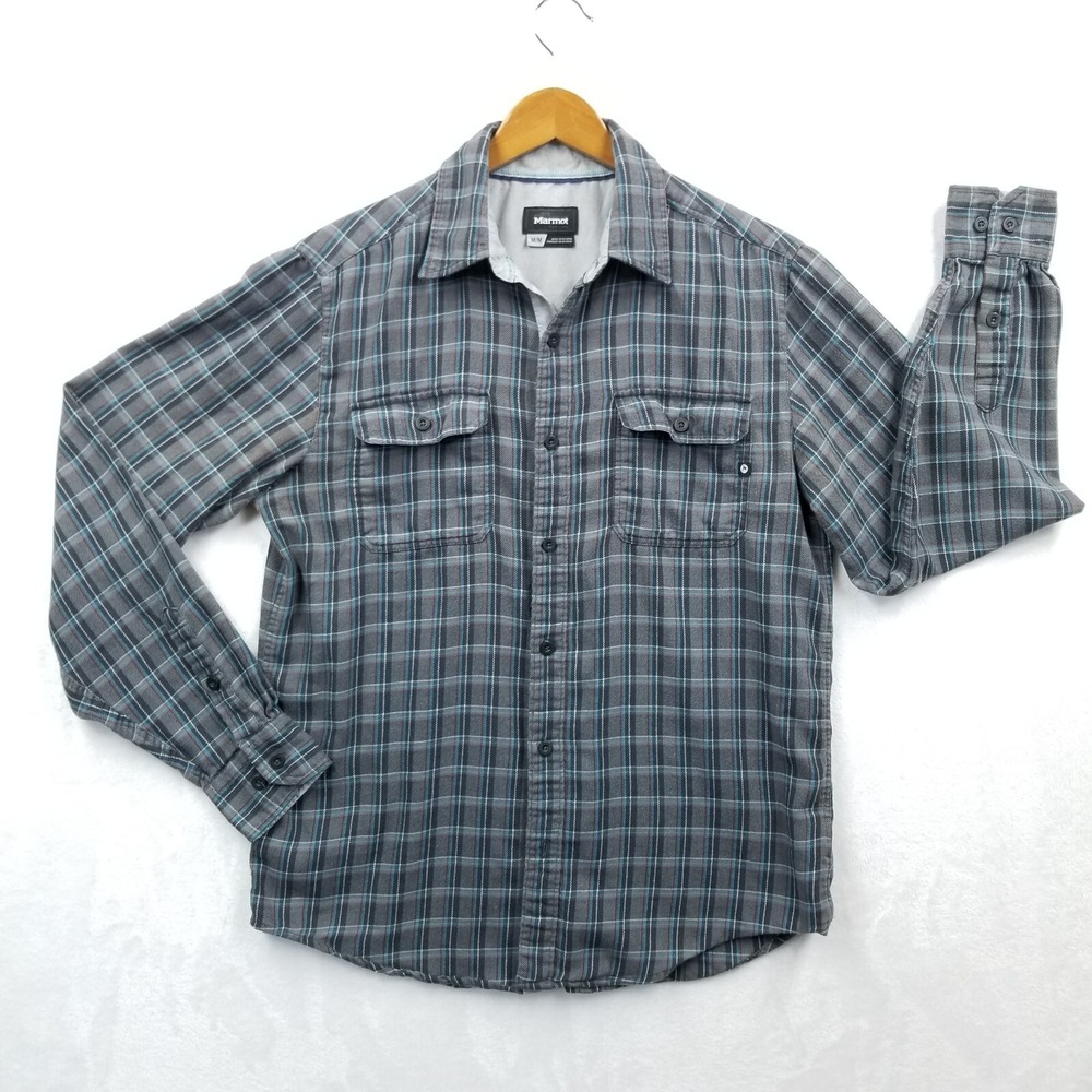 Marmot Men Shirt M Gray Cotton Fairfax Plaid Long Sleeve Flannel Outdoor Cabin